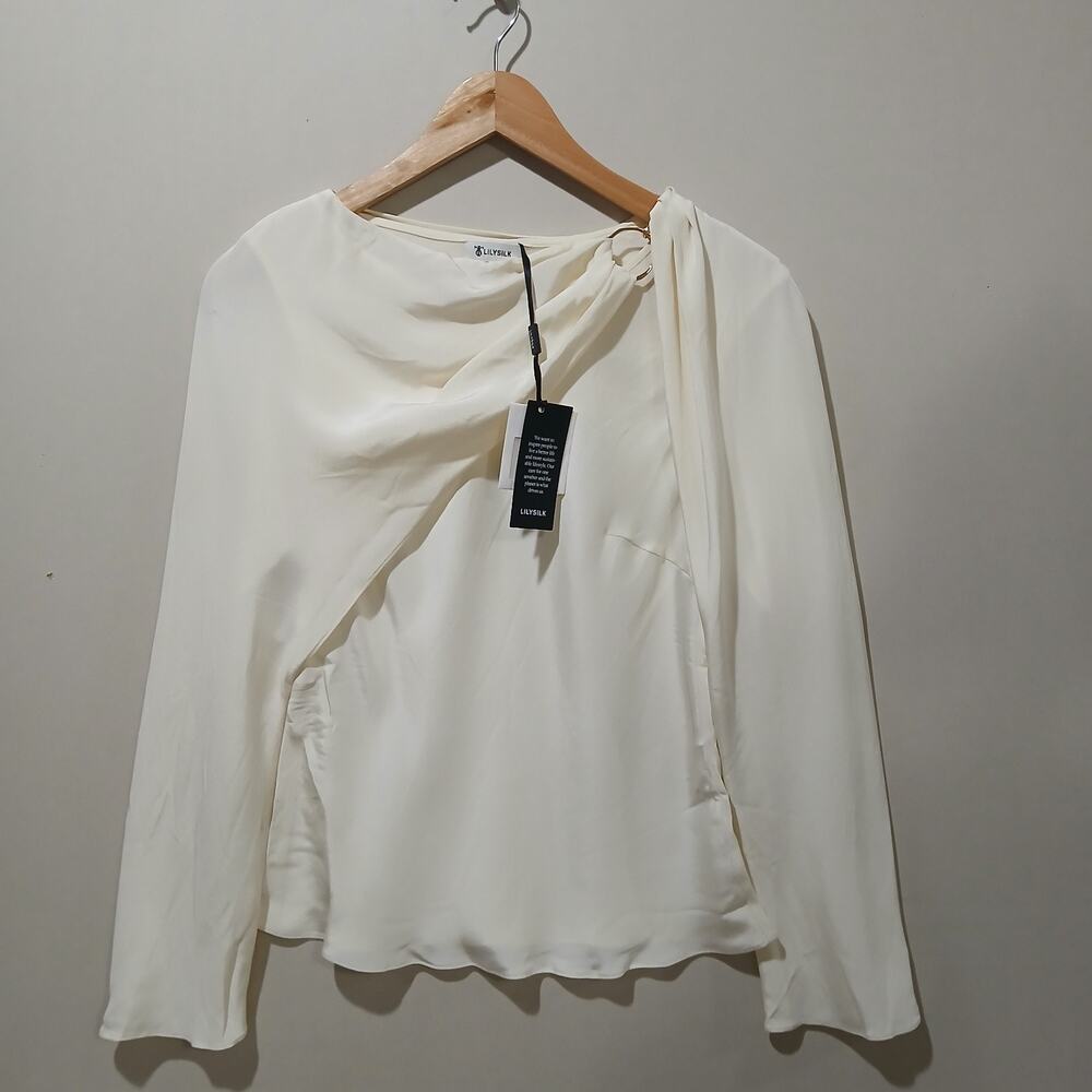 Lilysilk Blouse Womens 6 Ivory 100% Mulberry Silk Drape Ring Neck Top NWT - Picture 3 of 14